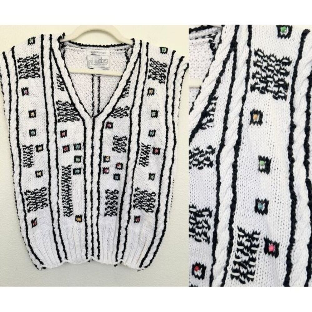 Gil Aimbez 80s Vtg Hand Knit Sweater Vest Sleeveless Beaded White Black Women M